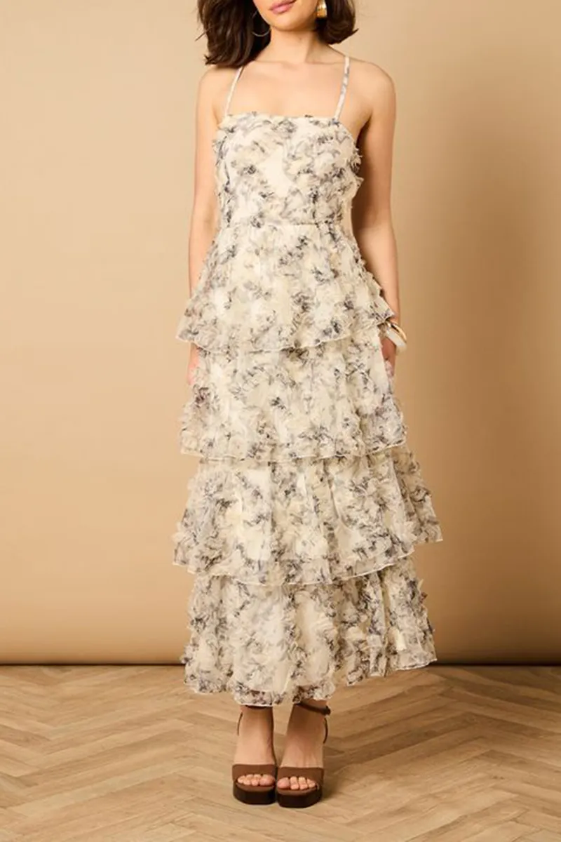 Casual Style Floral Textured Strappy Dress