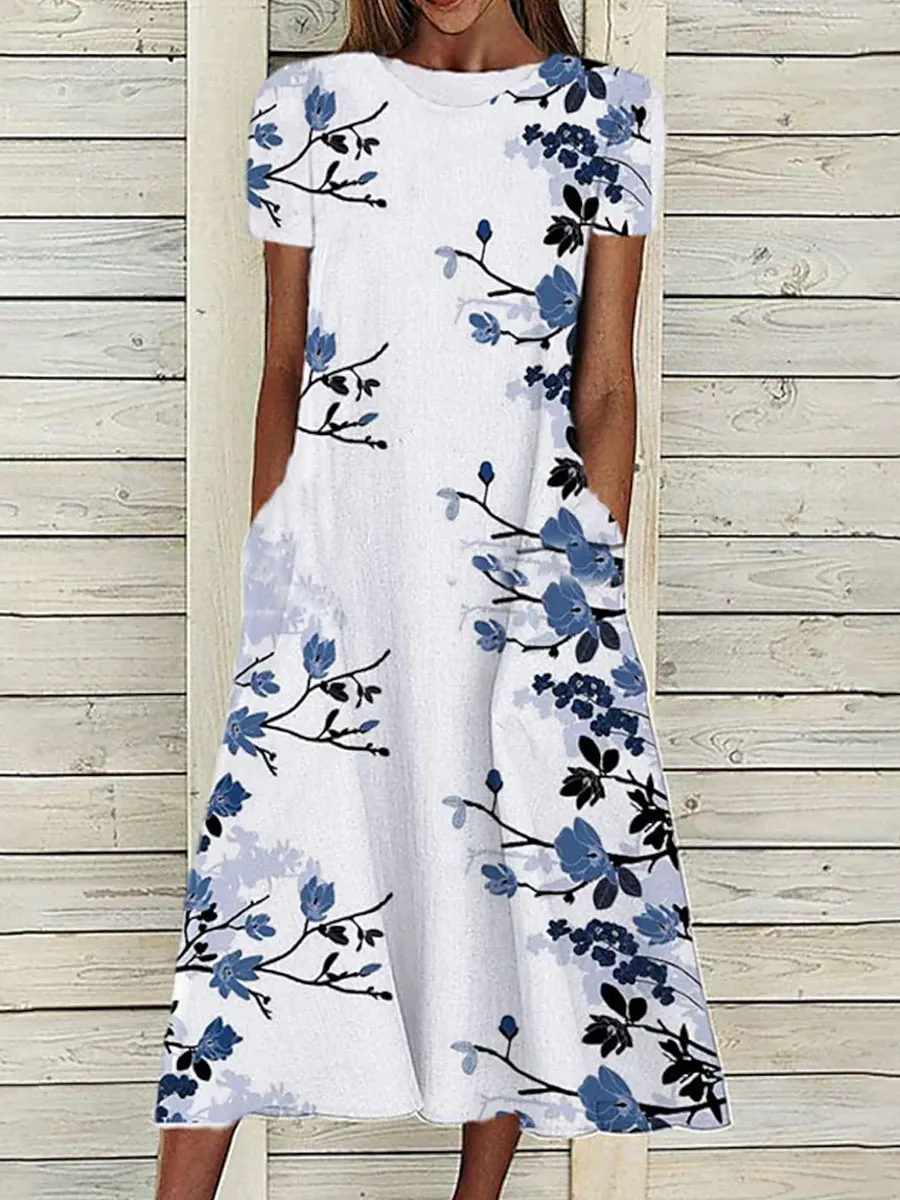 Round Neck Loose Casual Floral Print Short Sleeve Midi Dress