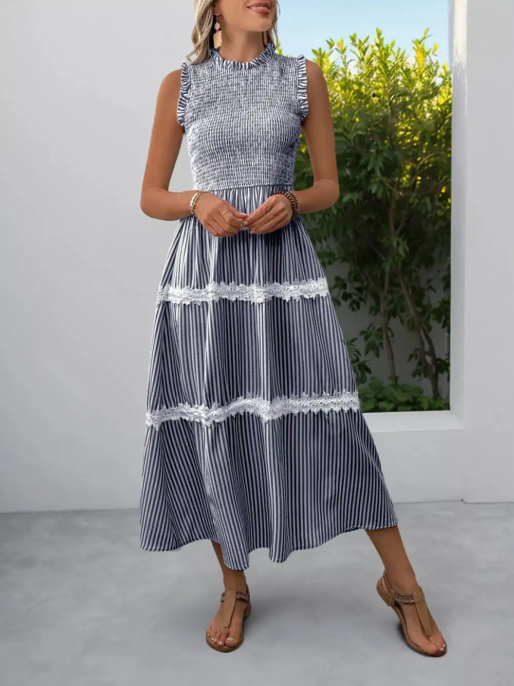 Gathered Detail Striped Lace Smocked Midi Dress