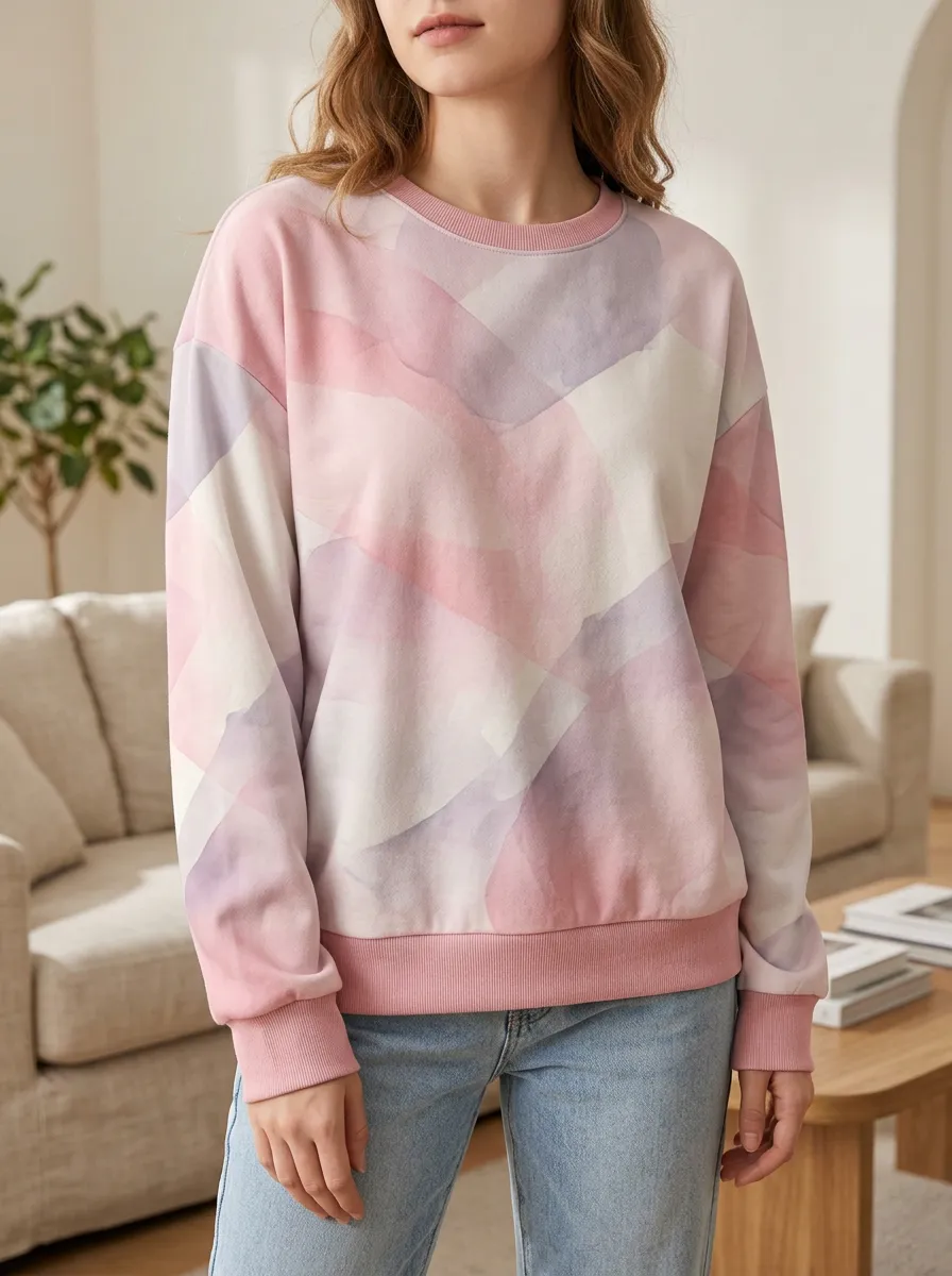Women's Pastel Abstract Watercolor Printed Fleece Sweatshirt