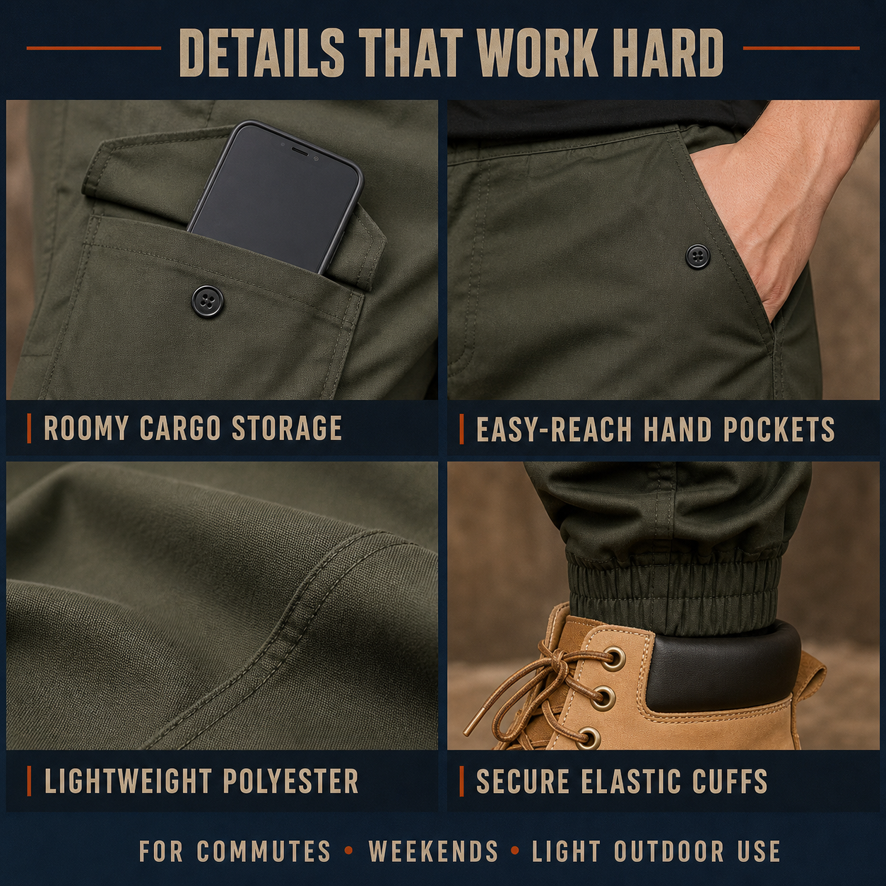 cargo pockets fabric and elastic cuff details
