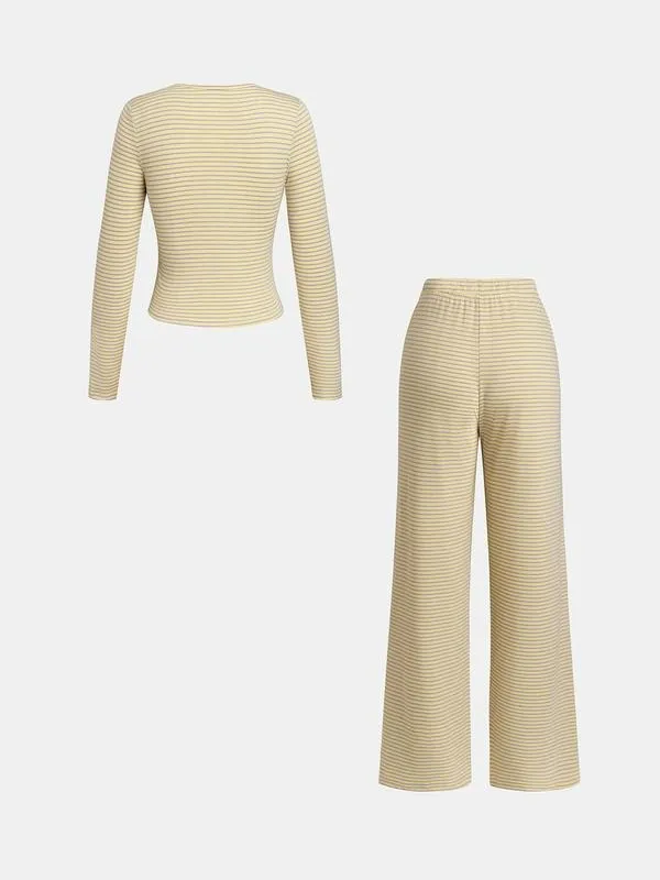Women's striped printed long-sleeved T-shirt and trousers, casual two-piece set