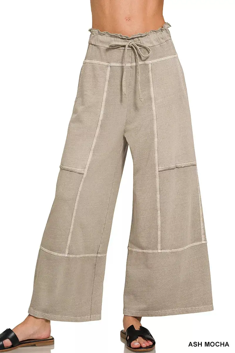 French Terry Washed Exposed Seam Wide Leg Pants