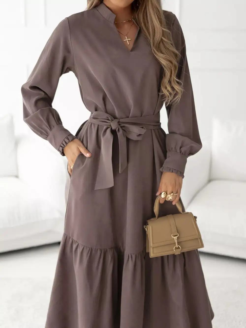 Tie Waist Ruffle Long Sleeve Midi Dress