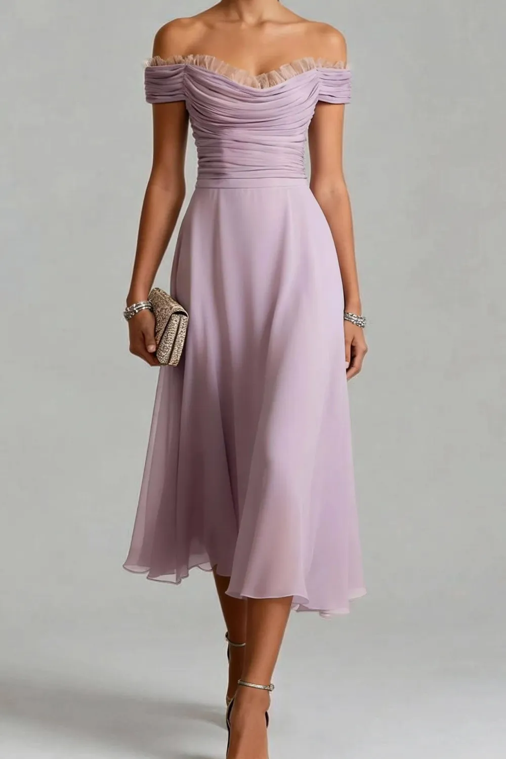 Elegant Peplum Pleated Chiffon Off Shoulder Midi Dress