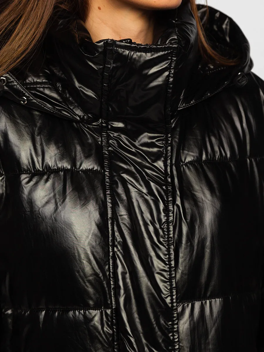 Black Women's Long Quilted Winter Jacket With Hood