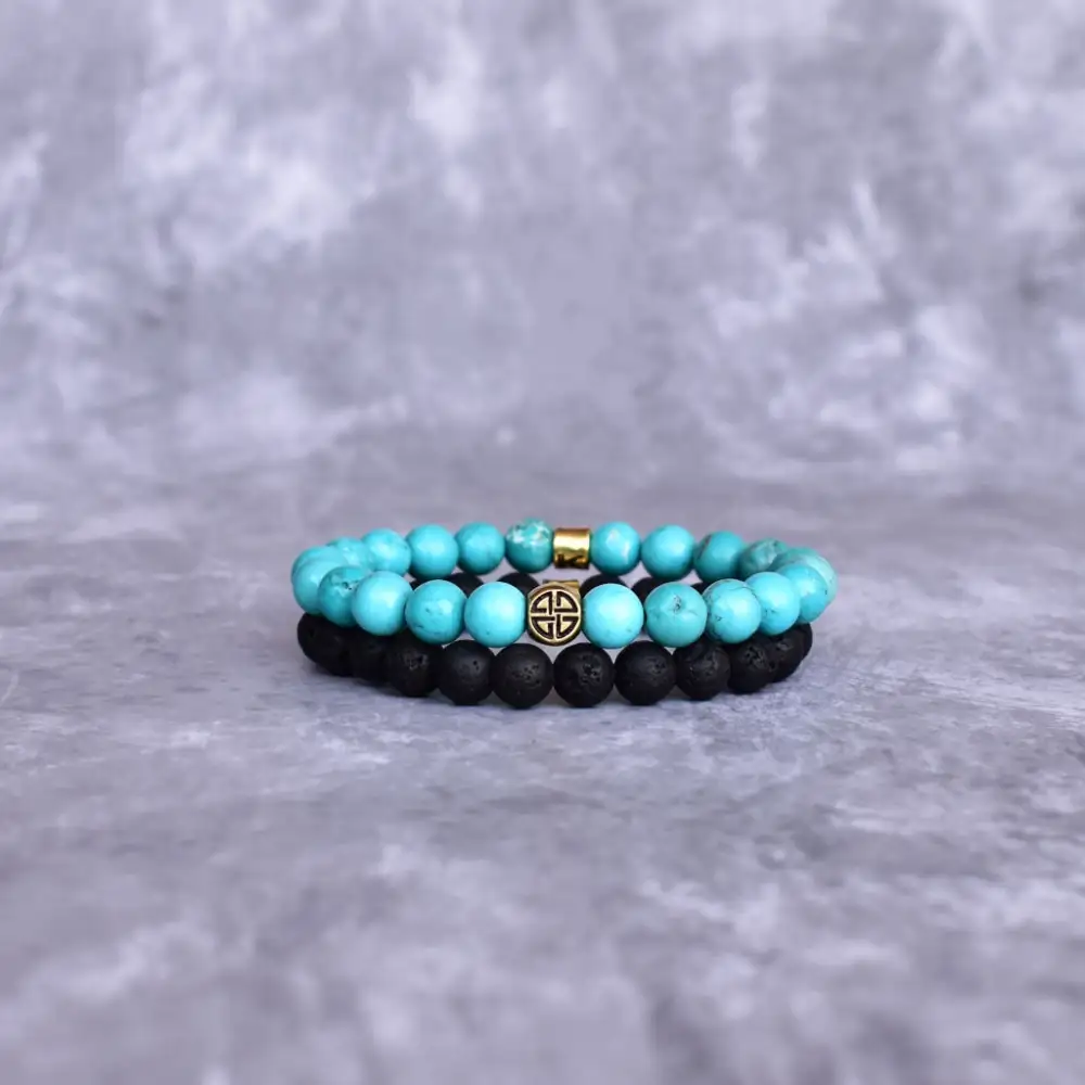 Layered Celtic Knot Dual-Stone Lava Turquoise Bead Bracelet