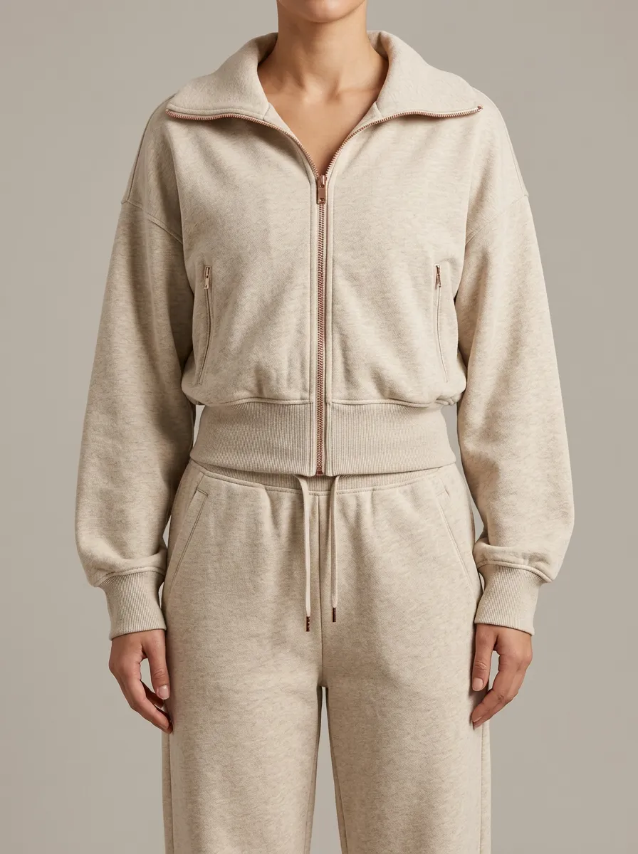 Zip Front Cropped Relaxed Fit Women's Long Sleeve Tracksuit Set
