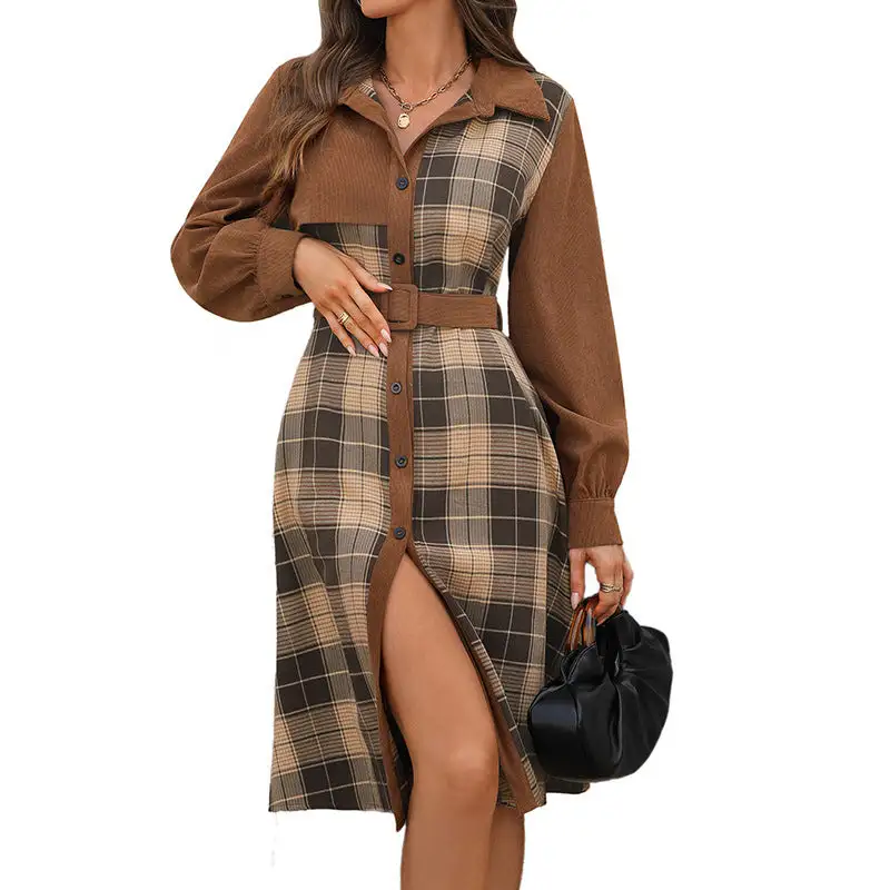 Women's Shirt Plaid Button-Detail Dress