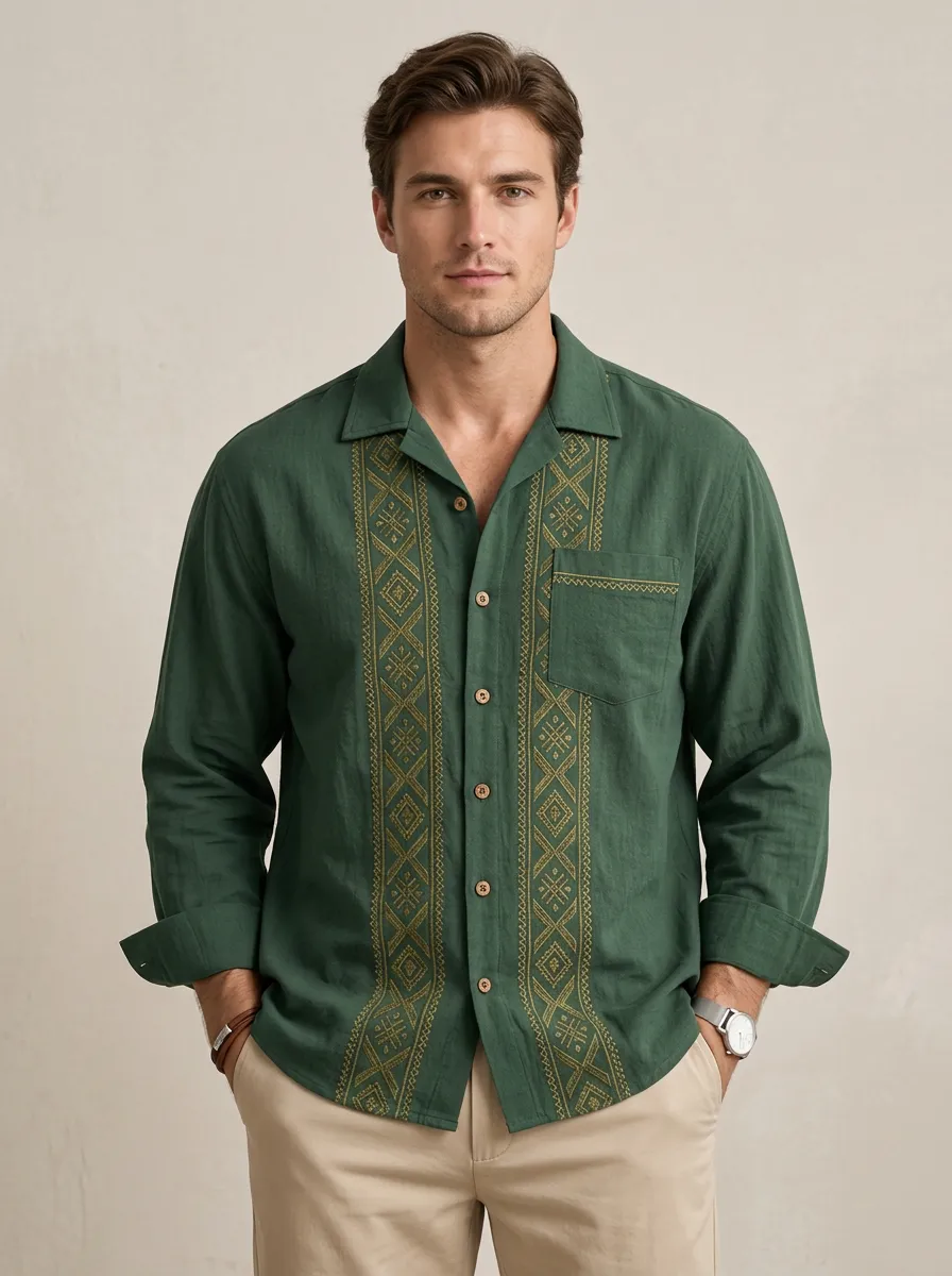 Men's Casual Geometric Folk Embroidered Long Sleeve Shirt