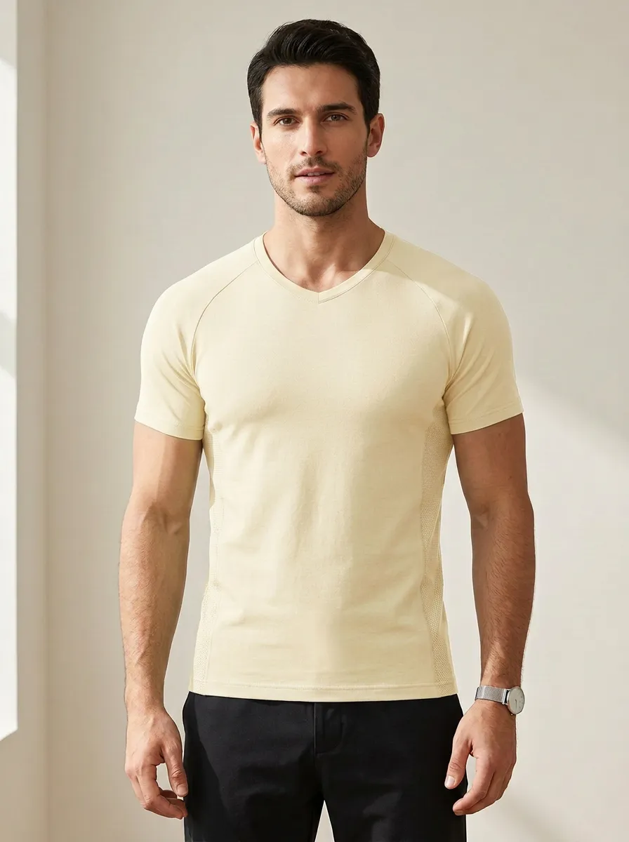 Minimal Textured Raglan Sleeve V-Neck Refined Look Men's Slim Fit Short Sleeve T-Shirt