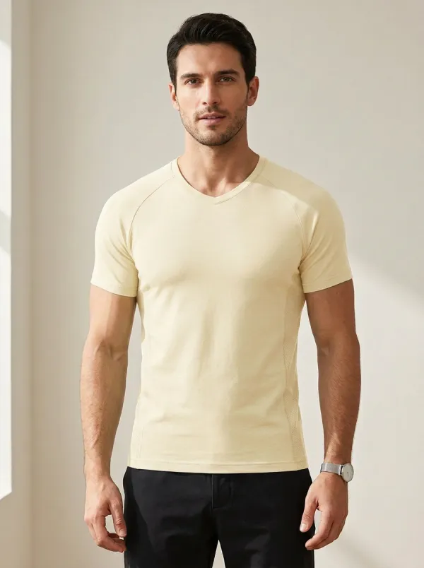 Minimal Textured Raglan Sleeve V-Neck Refined Look Men's Slim Fit Short Sleeve T-Shirt