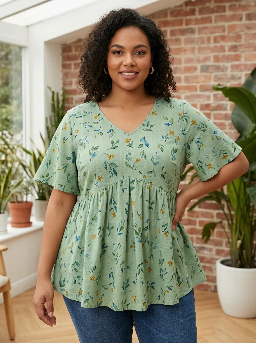Women's Plus Size Floral Leaf Pattern Printed Blouse