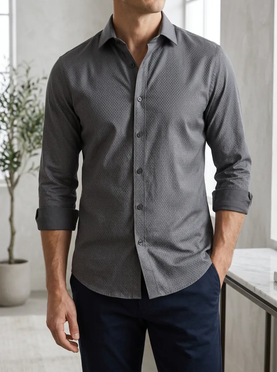 Men's Business Casual Grey Geometric Pattern Printed Slim Fit Shirt