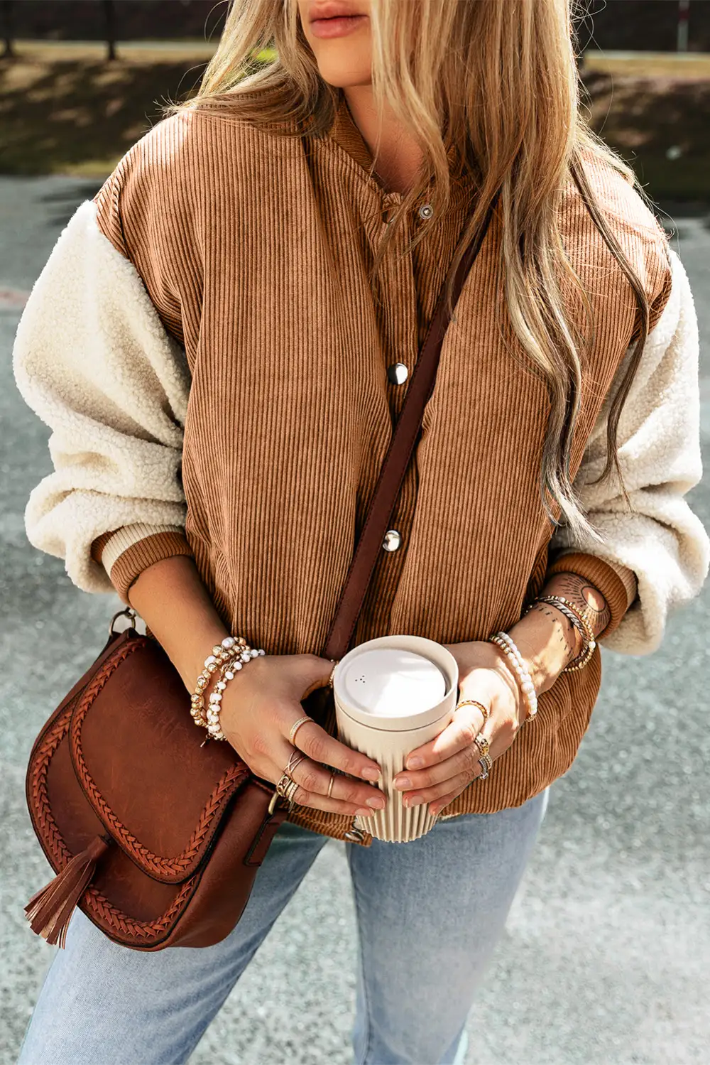 Buckskin Corduroy Fleece Patchwork Button Bomber Jacket
