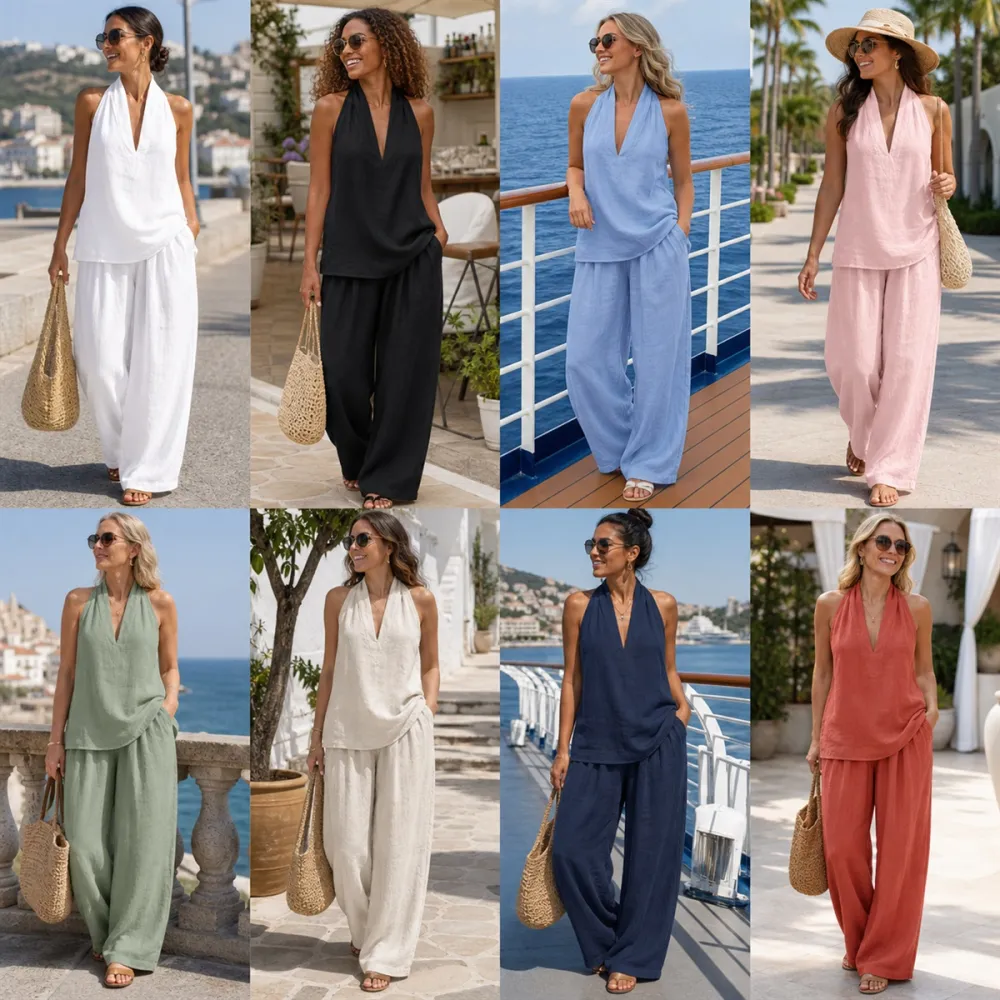 Women's Cotton Linen 2-Piece Halter Top Wide-Leg Pants Set