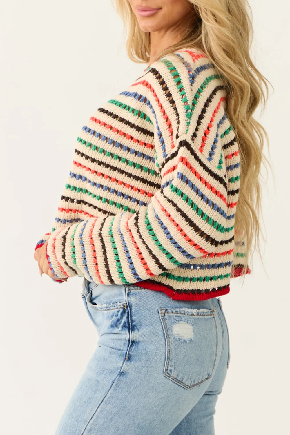 Cream Multicolor Striped Open Crochet Sweater