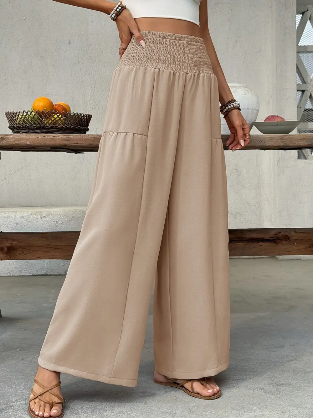 Smocked Waist Wide Leg Pants