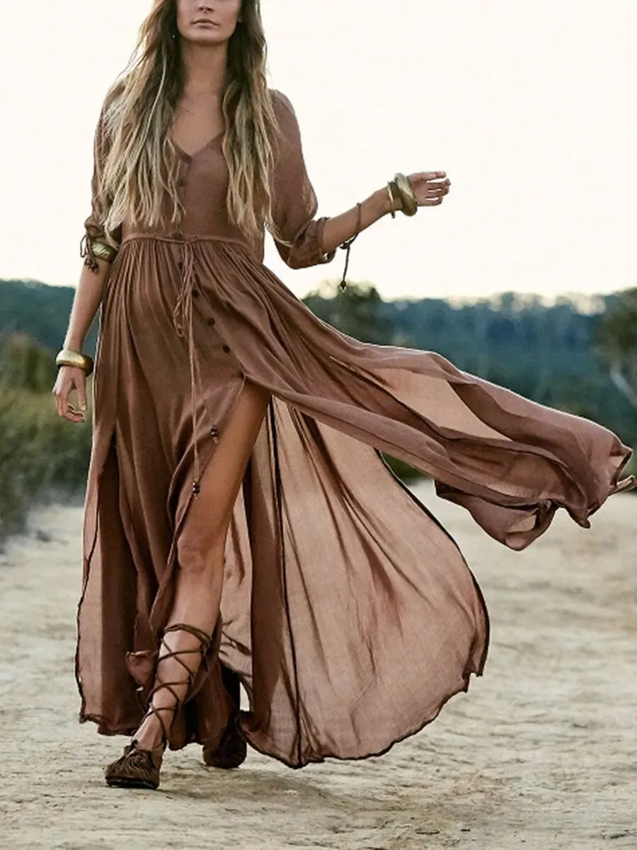 Vintage V-Neck Button High Waist Split Maxi Dress
