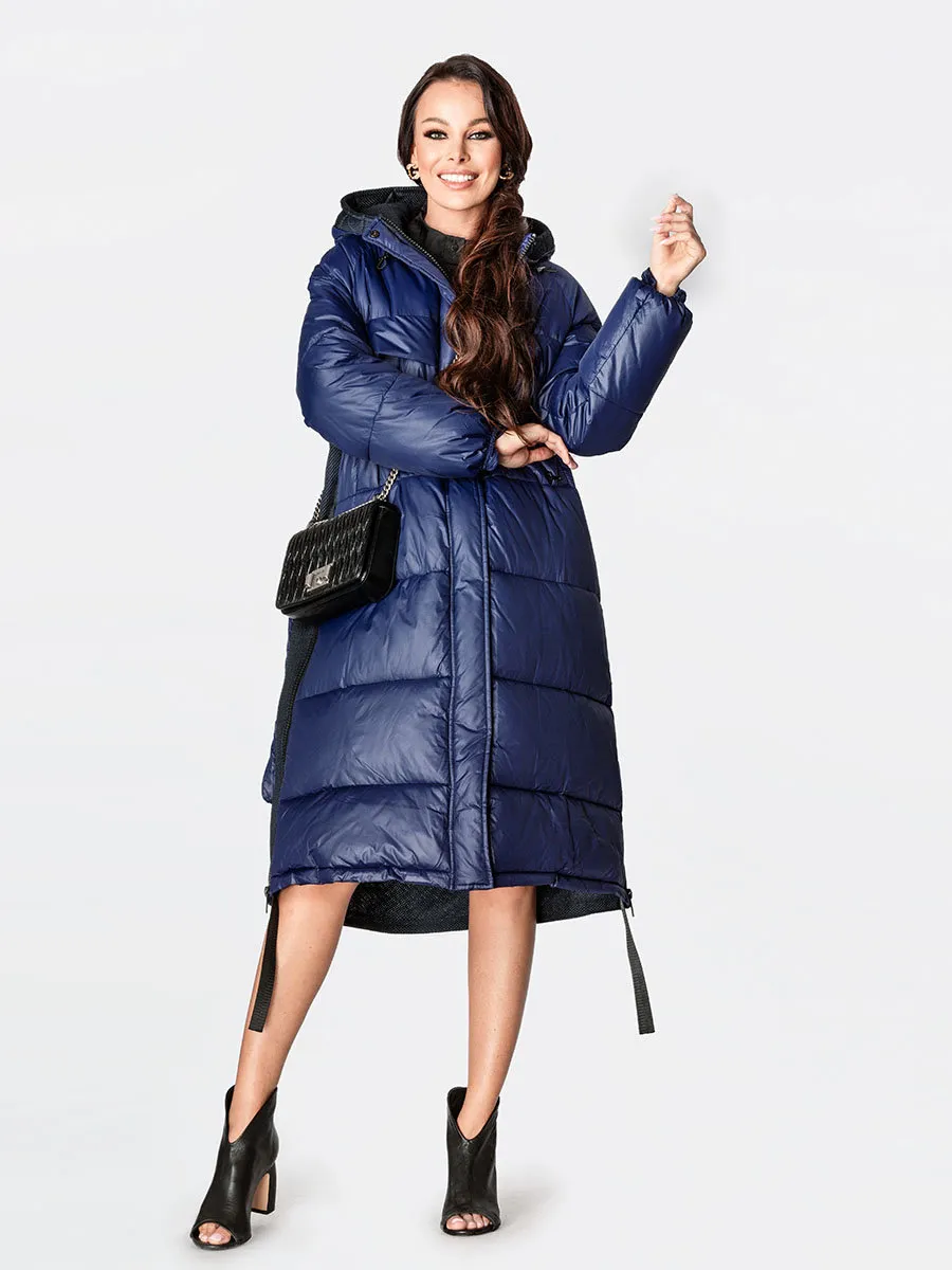 Dark blue women's long winter jacket with hood