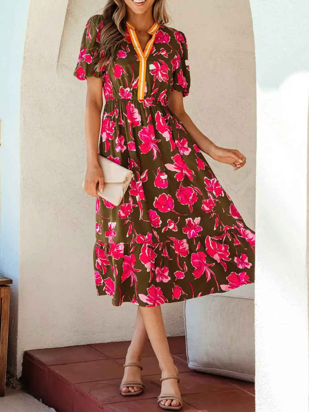 Gathered Detail Floral Printed Split Neck Dress