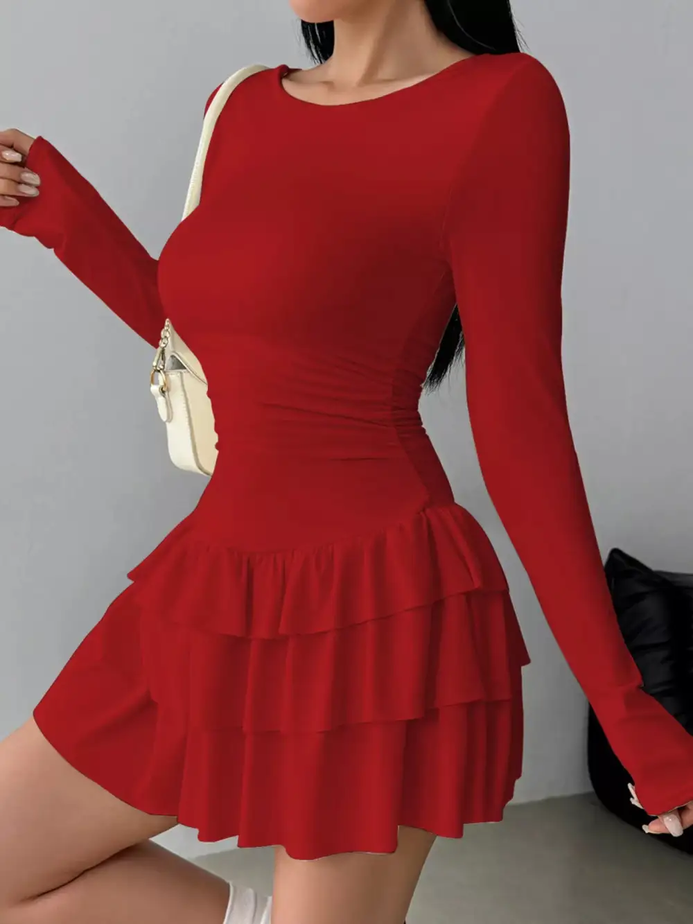 Ruched Long Sleeve Layered Ruffle Mini Dress