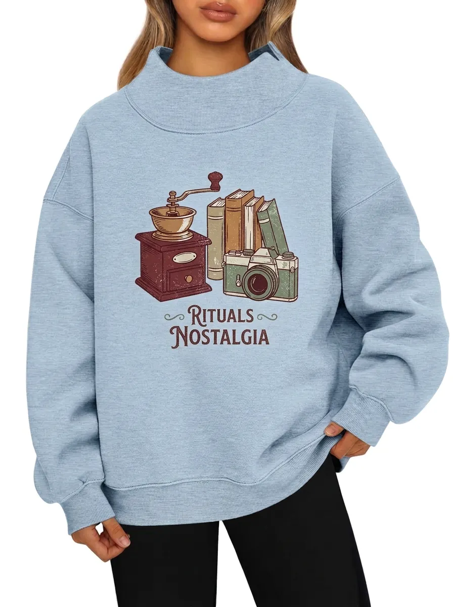 Women's Vintage Coffee Books Camera Rituals Nostalgia Printed Sweatshirt