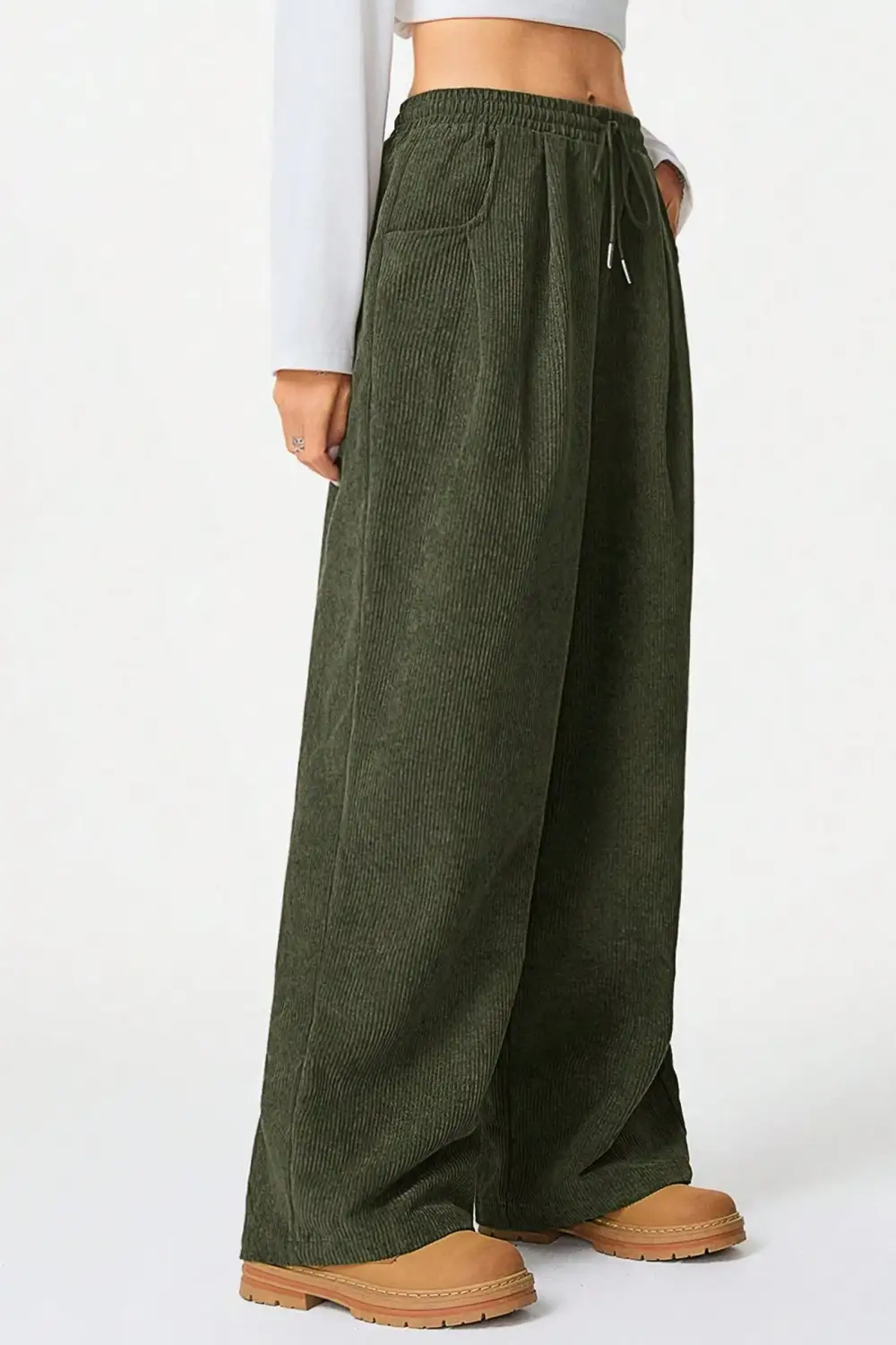 Relaxed Drawstring Wide Leg Flannel Pants