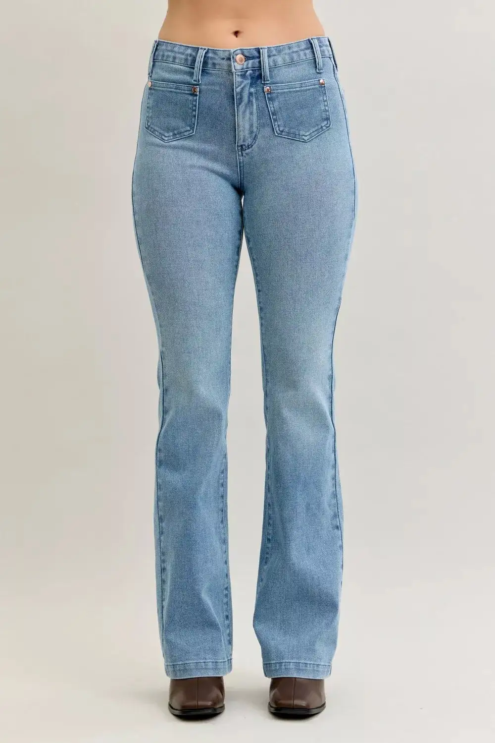 Tailored Mid Rise Flare Leg Pocketed Denim Jeans