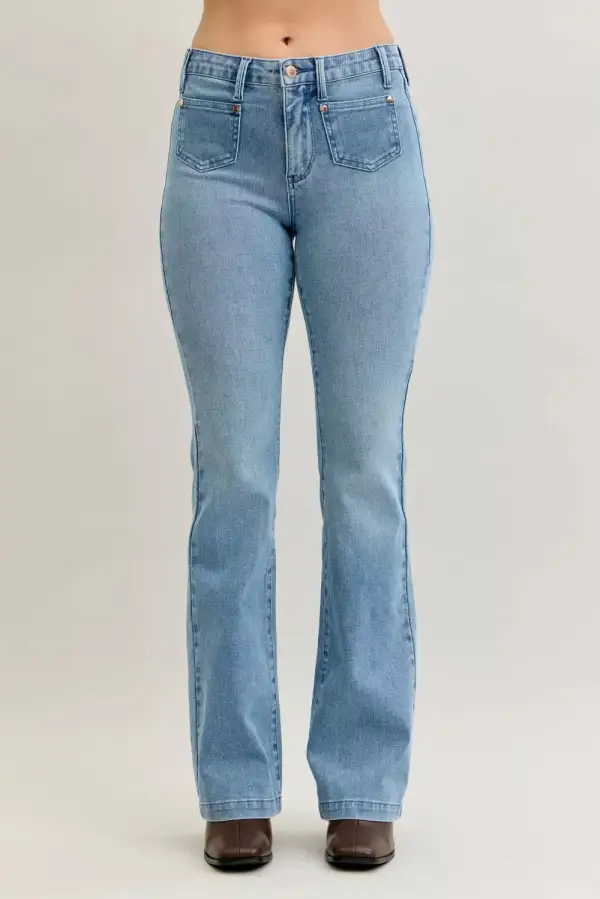 Tailored Mid Rise Flare Leg Pocketed Denim Jeans