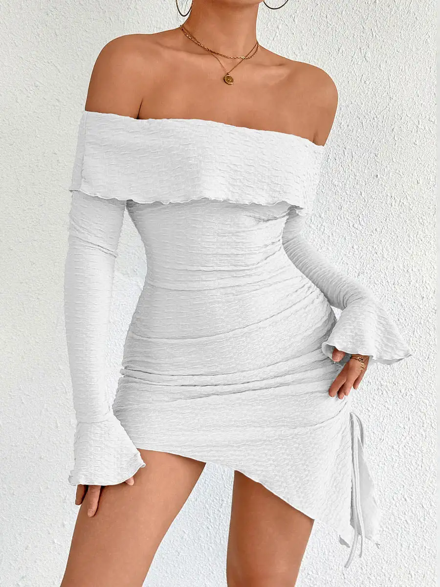 Bodycon High Waisted Asymmetric Drawstring Pleated Solid Color Split Joint Off