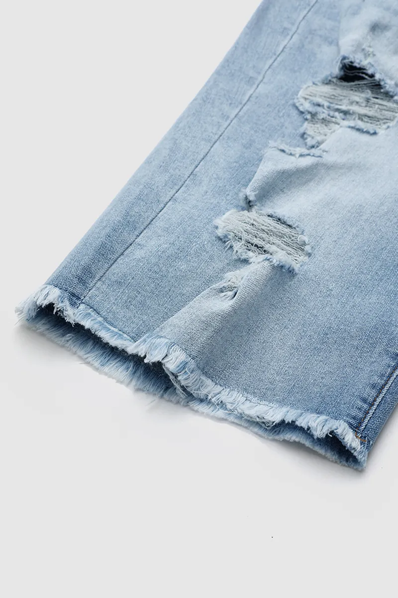 Ripped Raw Hem Denim Bermuda Shorts