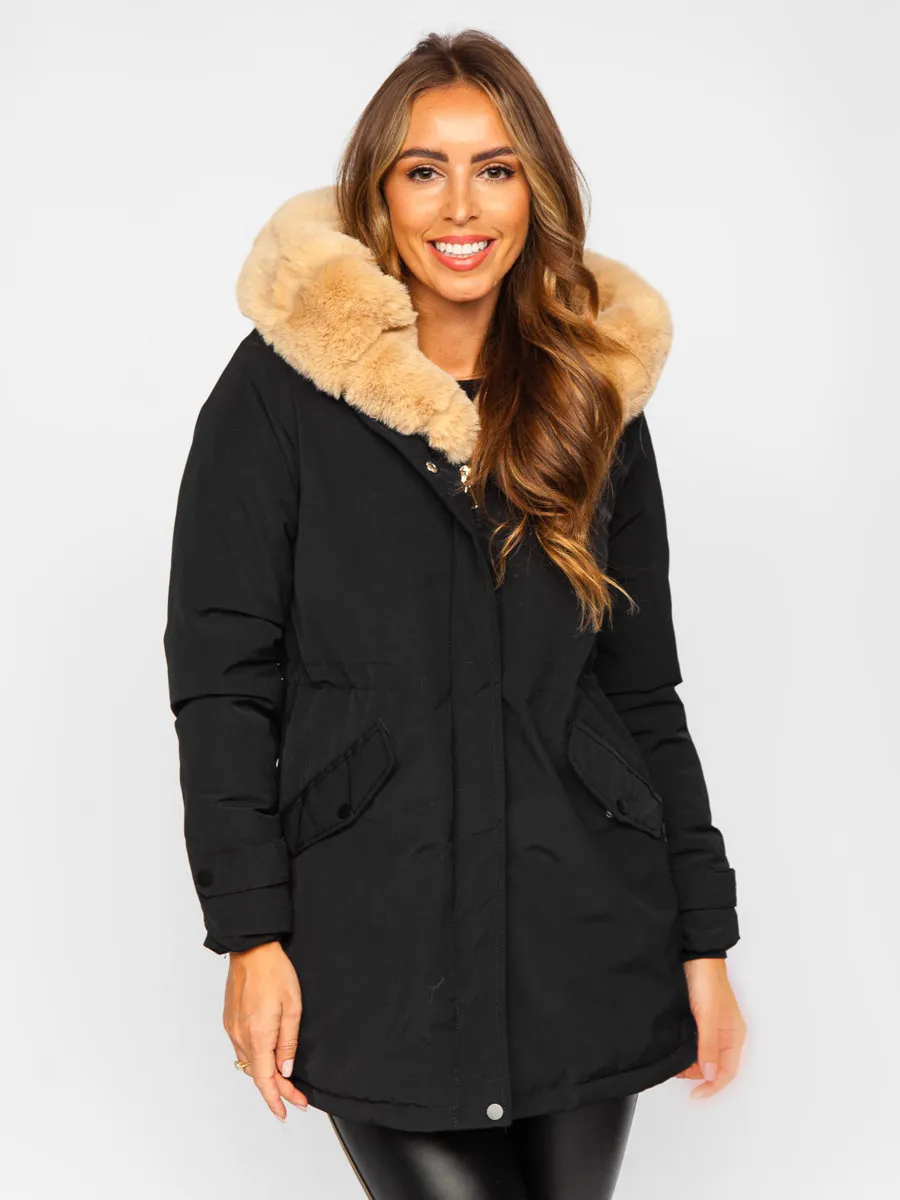Black women's winter parka jacket with hood