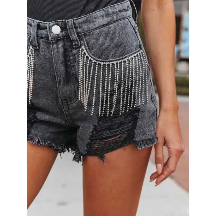 Distressed Fringe Denim Shorts with Pockets