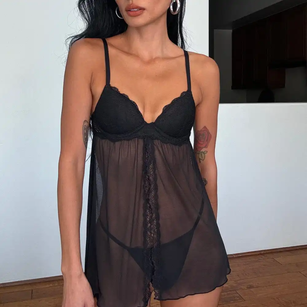 Lace Lift Up Babydoll Set Black