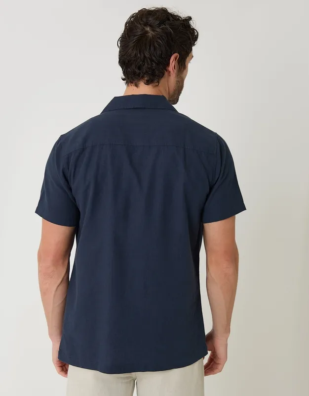 Navy Linen-Cotton Blend Short-Sleeve Shirt