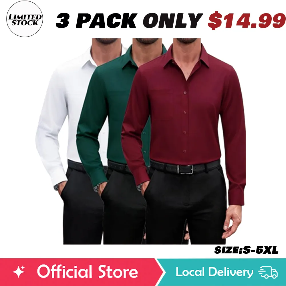 3/6-Pack Men'S Dress Shirts 4-Way Stretch Long Sleeve Collared Solid Wedding Dating Button Down Shirts Casual Breathable Outfits Menswear
