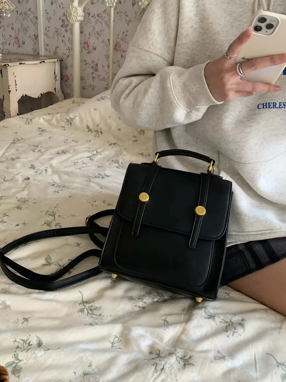 Top Handle Leather Backpack Bag