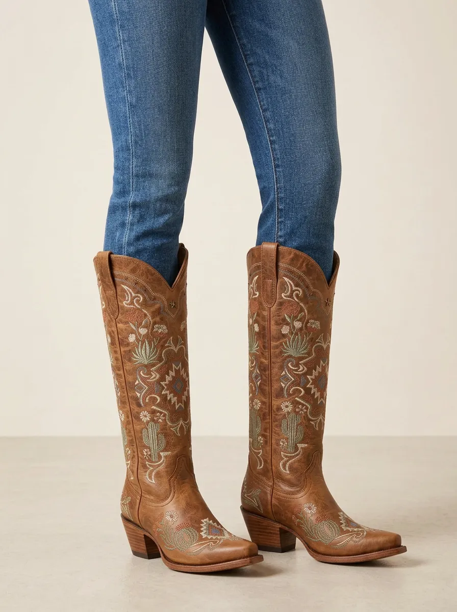 Women's Cactus Floral Geometric Embroidered Pointed-Toe Western Denim Over-the-Knee Boots