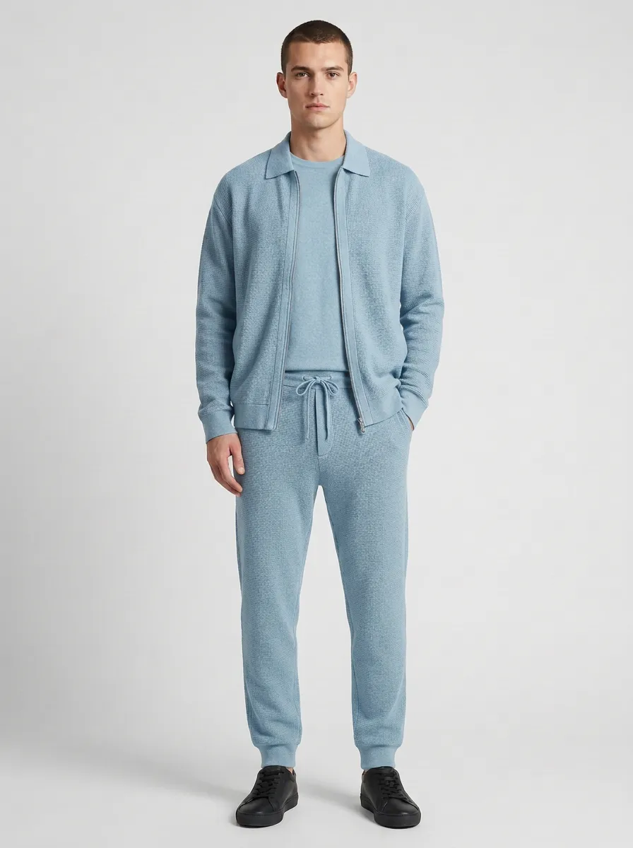Men's Classic Waffle Textured Minimal Polo Collar Jacket and Jogger Pants Set