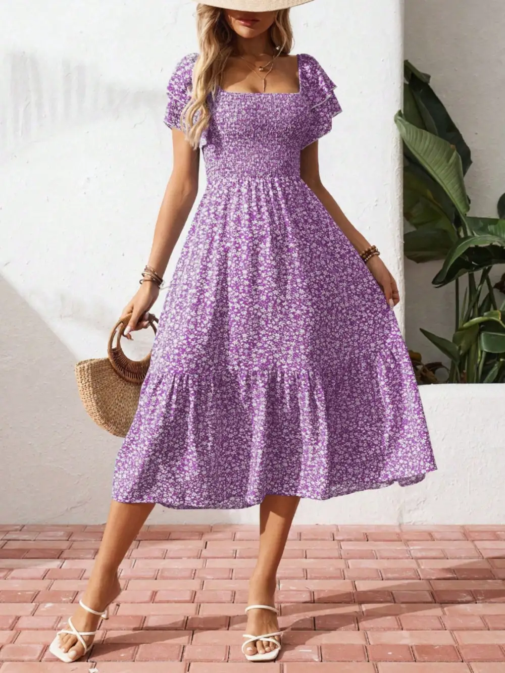 Gathered Detail Floral Printed Ruffle Dress