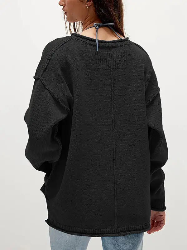 Paneled Round Neck Long Sleeve Relaxed Fit Easy Fit Sweater