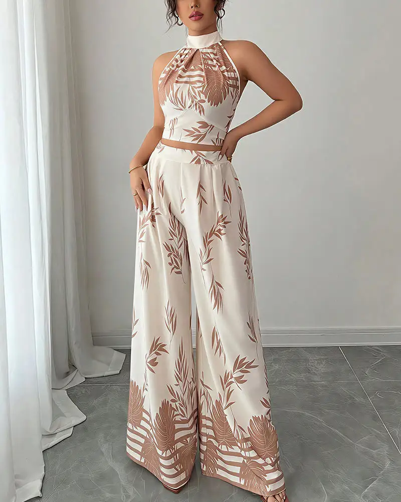 Botanical Halter Open-Back Wide Leg Two-Piece Set