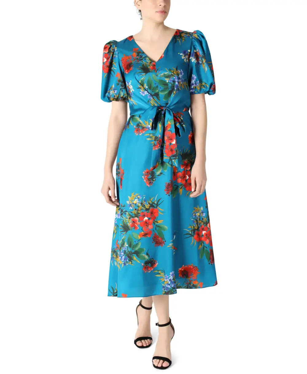 Puff Sleeve Front Tie Dress