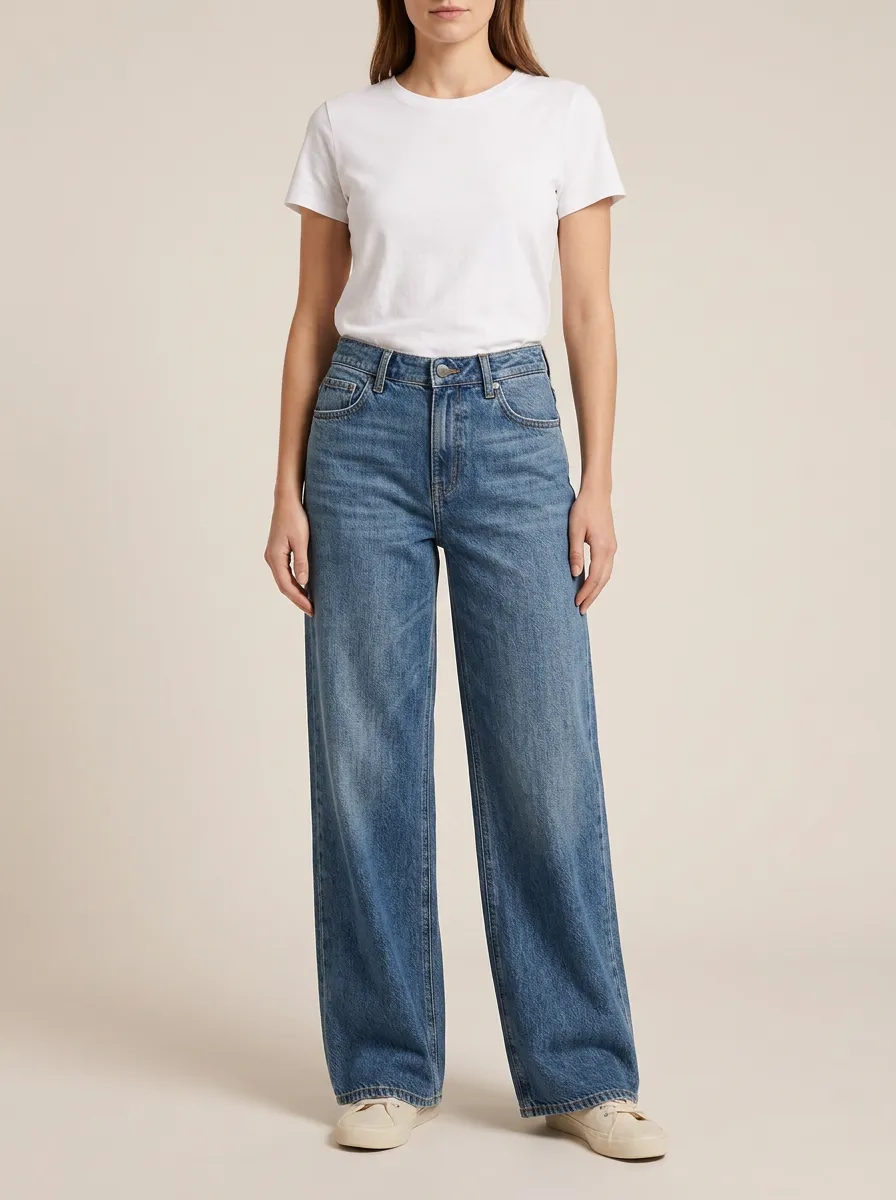 Women's Mid-Rise Contrast-Stitch Belt-Loop Wide-Leg Denim Jeans