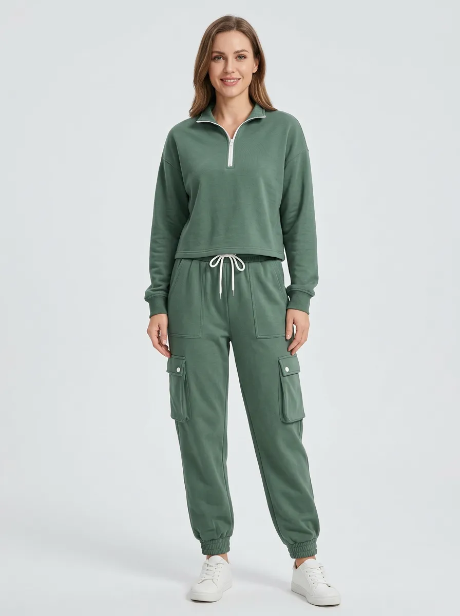 Women's Multi-Pocket Cargo Quarter-Zip Active Jogger Set