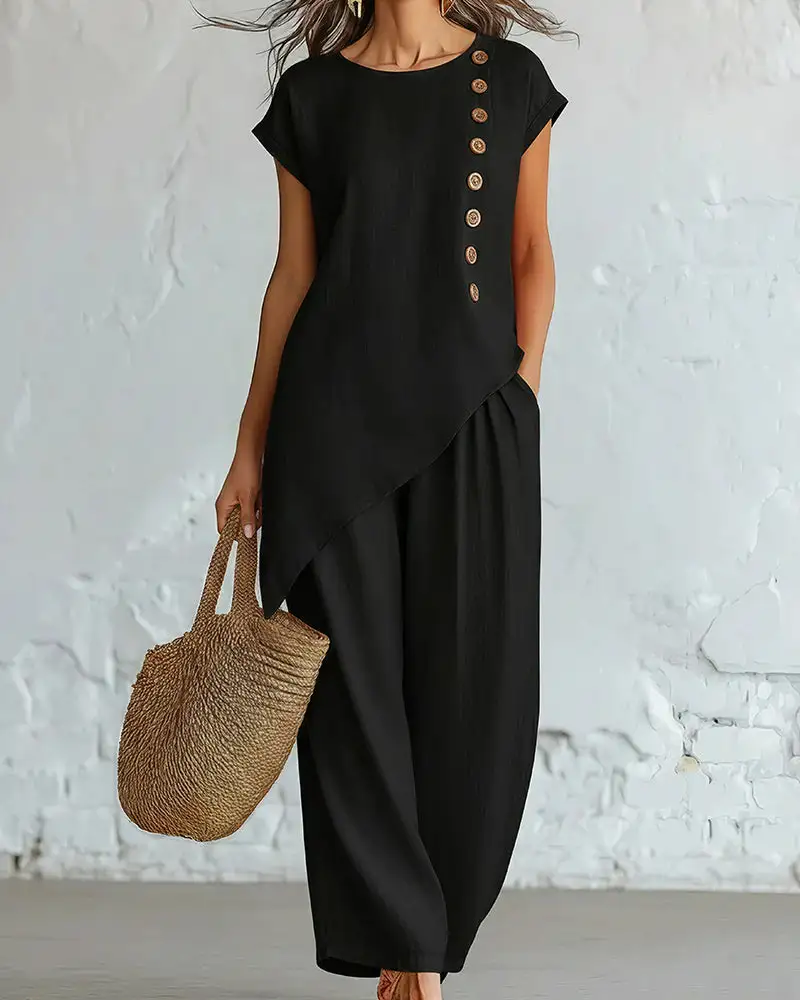 Asymmetrical Button Top and Wide-Leg Pants Lounge Set