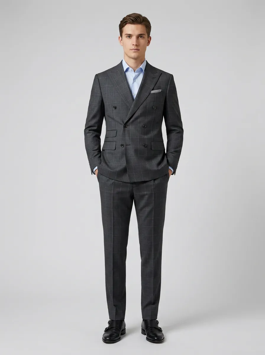 Men's Business Formal Charcoal Windowpane Double-Breasted Suit