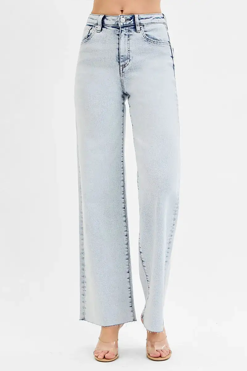 High Rise Raw Hem Wide Leg Jeans