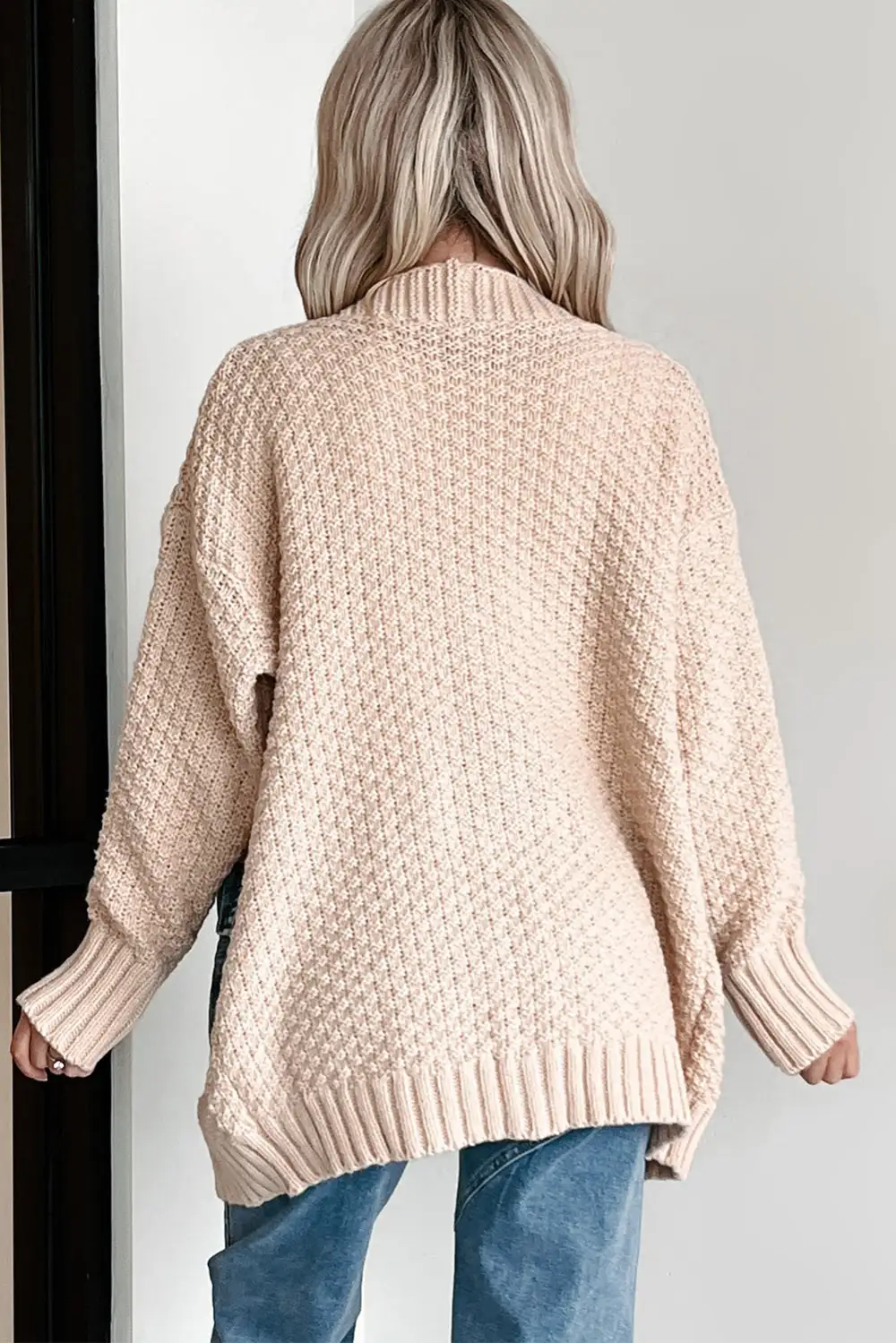 Open Front Knit Denim Pocket Patchwork Cardigan